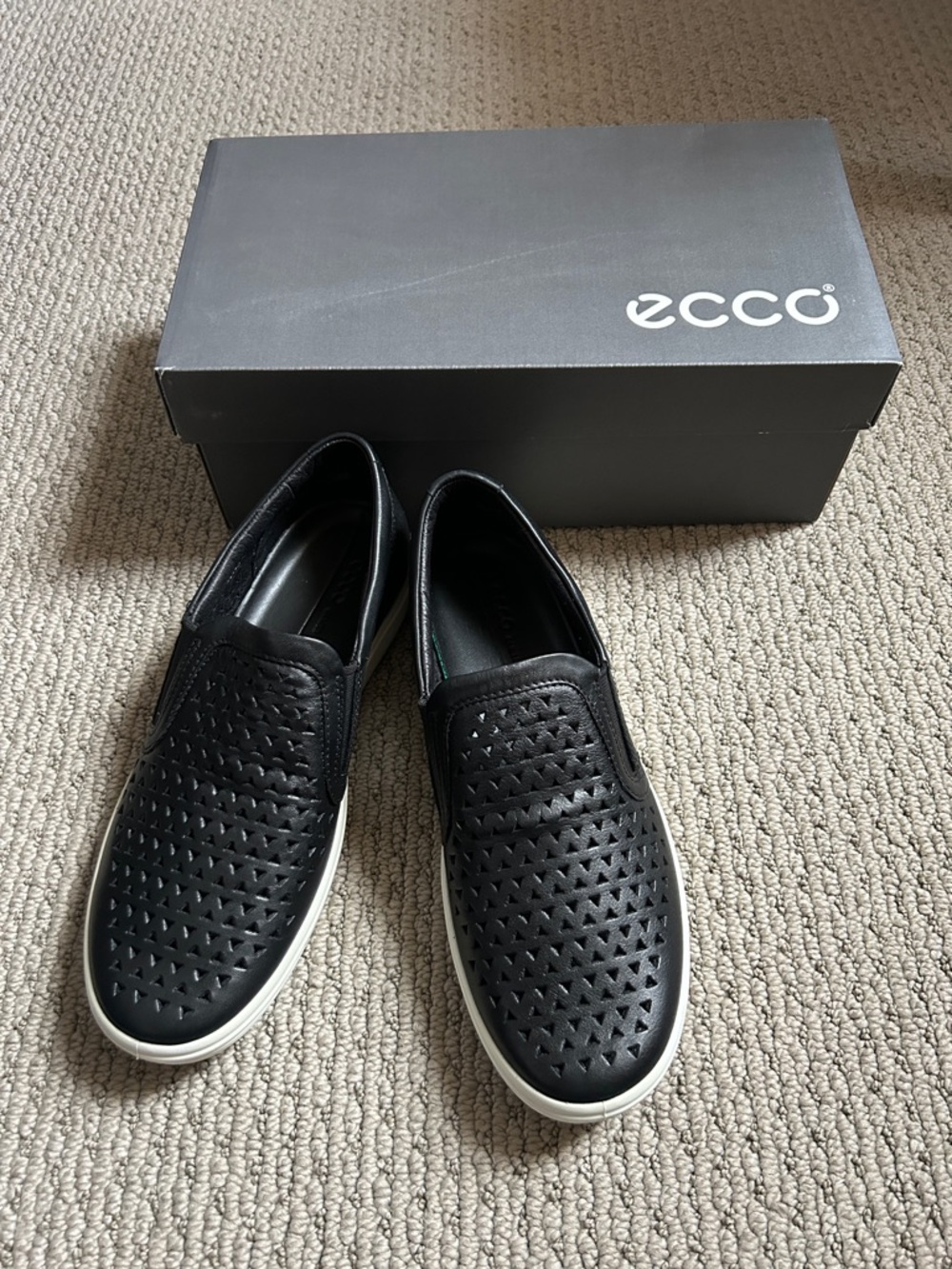 Ecco Black Perforated Leather Slip-On Sneakers with White Sole